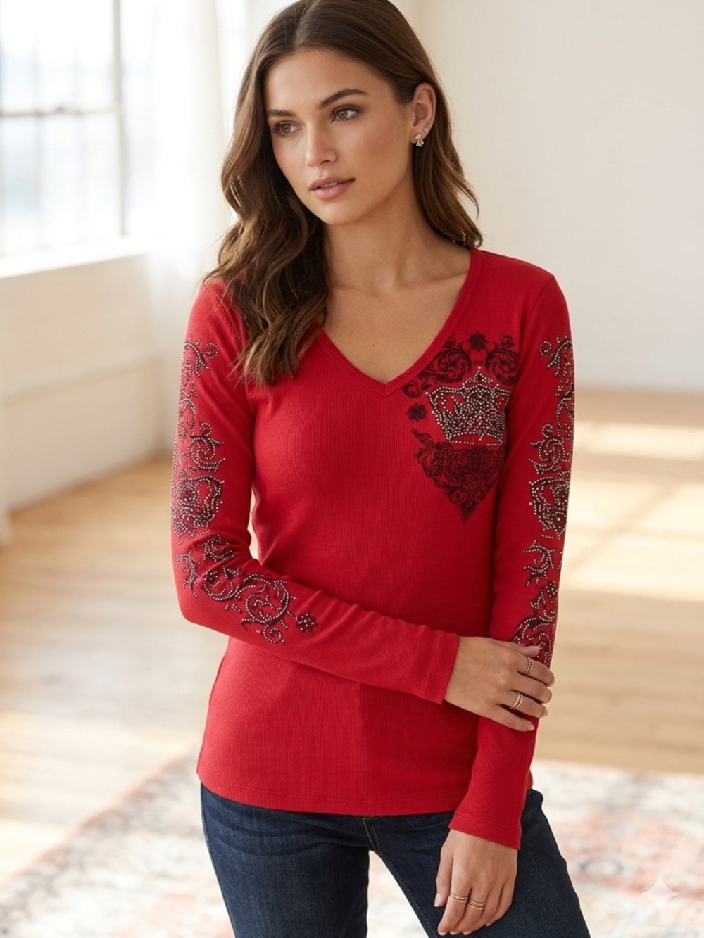Rustic Cuff Red V-Neck Long Sleeve Top with Rhinestone Crest